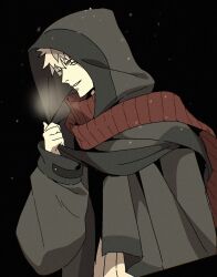  1boy breath brown_hair crimzon_ruze grey_hair hair_between_eyes highres holostars holostars_english hood hood_up looking_at_viewer multicolored_hair red_scarf scarf screetuber smile snow snowing solo two-tone_hair upper_body virtual_youtuber winter_clothes 