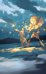  blacephalon black_fur clouds highres outdoors pokemon pokemon_(creature) red_eyes two-tone_fur umbreon water yamaori_(hakkentai_pokedan) yellow_fur 