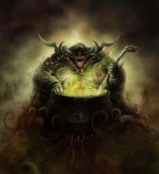  1boy baklaher body_horror cauldron chaos_(warhammer) chaos_god colored_skin curled_horns damaged_skin decay decaying_skin demon_horns disease eldritch_abomination fat fingernails flesh fog garden_of_nurgle green_eyes holding holding_ladle horns horror_(theme) ladle looking_at_viewer multiple_horns nurgle open_mouth pust pustules rotting sharp_fingernails sharp_teeth smegma spikes stirring swollen teeth tentacles warhammer_40k 