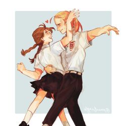  1boy 1girl :d aged_down ahoge bad_proportions belt black_pants black_skirt blonde_hair braid dancing eye_contact grey_background heart henry_henderson hetero highres long_hair looking_at_another martha_marriott mirrored_text pants peanutseagle shirt skirt smile socks spy_x_family twin_braids twintails white_shirt white_socks 