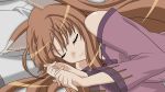  animal_ears bare_shoulders brown_hair fang highres holo off_shoulder paperplate sleeping smile spice_and_wolf vector vector_trace 