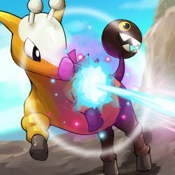  absurdres blue_sky brown_fur day girafarig highres laser no_humans open_mouth outdoors pokemon pokemon_(creature) sharp_teeth sky solo spicyichizo teeth yellow_fur 