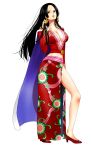 1girl bad_id black_hair boa_hancock breasts cape center_opening cleavage earrings female full_body high_heels highres jewelry large_breasts legs long_hair long_skirt midriff miura no_bra one_piece parted_lips shoes simple_background solo standing white_background