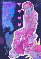  1boy ^_^ absurdres alternate_costume blue_shirt blue_skin blush brown_shorts captain_spaceboy character_charm charm_(object) chibi closed_eyes coajvejdgi1508 collarbone colored_skin dakimakura_(object) highres holding holding_pillow hood hood_down hoodie long_sleeves lying male_focus omori on_side open_mouth pants pillow pink_hair pink_hoodie pink_pants shirt shoes shorts sitting sleeping smile sneakers solo sweetheart_(omori) t-shirt white_shoes 