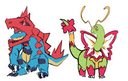  2others alligator claws crocodilian feraligatr flower horosuke mega_feraligatr mega_meganium meganium multiple_others no_humans pokemon pokemon_(creature) pokemon_legends:_z-a sharp_teeth tail teeth white_background yellow_eyes 