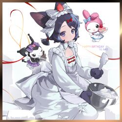  1girl absurdres animal_ear_fluff animal_ears apron baking black_hair blue_bow border bow bowl bowtie cake closed_mouth dot_mouth dress flat_chest food food-themed_hair_ornament gift_art hair_bow hair_ornament highres holding holding_bowl holding_cake holding_food holding_utensil holding_whisk kuromi long_sleeves looking_at_viewer low_twintails my_melody original oven_mitts pantyhose purple_bow shisantian sitting solo strawberry_hair_ornament twintails violet_eyes whisk white_background white_bow white_dress white_pantyhose 