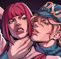  1boy 1girl arm_behind_head arm_up black_background blonde_hair blue_bow blue_eyes blue_helmet blue_sweater bob_cut bow breasts clenched_teeth close-up clothing_cutout diego_brando fang fangs fingernails flower_ornament gentleslowdance grey_shirt hand_on_another's_neck hashtag-only_commentary hat hat_bow helmet hetero hot_pants_(sbr) jojo_no_kimyou_na_bouken long_sleeves medium_hair no_gloves no_headwear one_eye_closed pink_hair pink_lips red_eyes sharp_fingernails shirt short_hair shoulder_cutout steel_ball_run strangling sweater teeth turtleneck turtleneck_sweater 