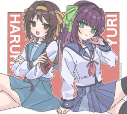  &gt;:) 2girls :d angel_beats! arm_at_side armband black_hairband black_thighhighs blue_sailor_collar blue_skirt blunt_bangs blush border brown_eyes brown_hair character_name closed_mouth commentary_request crossed_arms crossed_legs crossover eyes_visible_through_hair feet_out_of_frame green_eyes green_ribbon hair_between_eyes hair_intakes hair_ribbon hairband hand_up kita_high_school_uniform long_sleeves look-alike looking_at_viewer medium_hair miniskirt multiple_girls nakamura_yuri nanonome neckerchief orange_hairband orange_ribbon outside_border pink_neckerchief pleated_skirt purple_hair red_armband red_background ribbon sailor_collar school_uniform serafuku shirt side-by-side sidelocks simple_background sitting skirt smile suzumiya_haruhi suzumiya_haruhi_no_yuuutsu thigh-highs twitter_username v-shaped_eyebrows white_border white_shirt winter_uniform zettai_ryouiki 