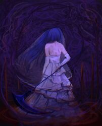  1girl backless_dress backless_outfit blood blue_hair bridal_veil commentary dress english_commentary furudo_erika highres holding holding_scythe holding_weapon layered_dress long_dress long_hair nanaart87 scythe solo standing twintails umineko_no_naku_koro_ni veil weapon wedding_dress white_dress white_sleeves 