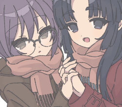  2girls :d :o asakura_ryoko blue_eyes blue_hair brown_coat coat commentary_request holding_hands interlocked_fingers long_hair long_sleeves multiple_girls nagato_yuki nanonome open_mouth orange_scarf parted_lips purple_hair red_coat scarf short_hair smile suzumiya_haruhi_no_shoushitsu suzumiya_haruhi_no_yuuutsu tongue 