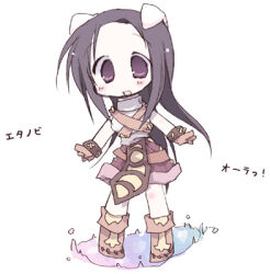  1girl animal_ears black_hair blush boots brown_boots brown_gloves brown_shorts cat_ears chest_guard commentary_request cosplay droopy_ears full_body gloves grey_shirt kuzuhara_rina long_hair looking_at_viewer lowres lucky_star novice_(ragnarok_online) novice_(ragnarok_online)_(cosplay) oekaki open_mouth ragnarok_online shirt shorts sleeveless sleeveless_shirt smile solo tamura_hiyori violet_eyes 