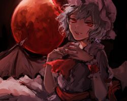  1girl artist_name ascot bat_wings black_background fang frilled_cuffs frilled_hat frills full_moon gensou_aporo hat mob_cap moon parted_lips pink_shirt purple_hair red_ascot red_eyes red_ribbon remilia_scarlet ribbon shirt short_hair signature smile solo touhou waist_ribbon white_hat wings wrist_cuffs 