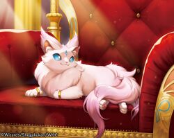  :3 animal bangle blue_eyes bracelet cat chair closed_mouth copyright_name duel_masters jewelry kemonomichi_(blue_black) no_humans nyahan_(duel_masters) official_art on_chair pawpads solo throne white_cat 