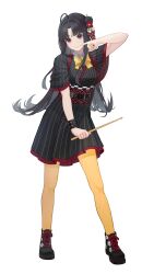  1girl absurdres ahoge awa_subaru black_hair black_kimono black_nails black_shoes bow bowtie bracelet closed_mouth commentary drumsticks full_body girls_band_cry hair_bun hashtag-only_commentary highres holding holding_drumsticks japanese_clothes jewelry kimono kuuhaku_to_catharsis long_hair lotus8071 multicolored_nails nail_polish obi parted_bangs pinky_out red_nails sash shoes short_sleeves sidelocks simple_background single_side_bun solo striped_clothes striped_kimono striped_nails violet_eyes white_background yellow_bow yellow_bowtie yellow_nails 