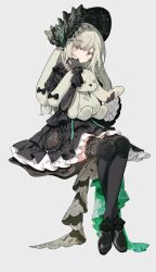  1girl absurdres animal_ears arknights bang_dream! bang_dream!_it&#039;s_mygo!!!!! black_bonnet black_dress black_shoes black_thighhighs blonde_hair bonnet chinese_commentary closed_mouth commentary_request dress frilled_dress frills full_body hair_ornament hand_up highres invisible_chair long_hair looking_at_viewer migolu official_alternate_costume rabbit_ears rabbit_girl shoes short_sleeves simple_background sitting solo stuffed_animal stuffed_rabbit stuffed_toy thigh-highs wakaba_mutsumi wakaba_mutsumi_(marionette&#039;s_id) white_background x_hair_ornament yellow_eyes 