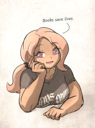  1girl breasts commentary dark-skinned_female dark_skin ebenholz_(ironlily) english_text hair_ornament hair_scrunchie head_rest highres ironlily large_breasts original pink_eyes pink_hair scrunchie solo thick_arms upper_body 