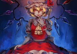  1girl ascot blonde_hair blood blood_on_face blue_background crystal_wings fangs flandre_scarlet flower frilled_cuffs frilled_hat frilled_sleeves frills gensou_aporo grey_shirt hair_between_eyes hat hat_flower layered_ascot medium_hair mob_cap nail_polish one_side_up open_mouth puffy_short_sleeves puffy_sleeves red_eyes red_flower red_nails red_shirt red_skirt shirt short_sleeves single_wrist_cuff skirt sleeveless sleeveless_shirt solo touhou white_hat wings wrist_cuffs yellow_ascot 