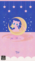 blue_eyes crescent_moon full_body highres holding meme_(sleepsheep) mew mew_(pokemon) moon no_humans pokemon pokemon_(creature) pokemon_focus reflection solo star_(sky) star_(symbol) tail wallpaper