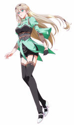  1girl artist_name braid breasts brown_hair closed_mouth crown_braid eiyuu_densetsu elaine_auclair floating_hair full_body gloves green_eyes hair_between_eyes high_heels kai_no_kiseki kuro_no_kiseki_(series) long_hair long_sleeves looking_at_viewer medium_breasts over-kneehighs parted_bangs puffy_long_sleeves puffy_sleeves shorts simple_background single_braid single_glove solo tachi-e thigh-highs white_background xiacheng_tatsuya 