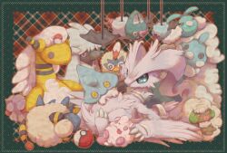  altaria ampharos bergmite claws commentary_request dragon furfrou furfrou_(natural) hinekure mareep mega_altaria mega_ampharos no_humans poke_ball poke_ball_(basic) pokemon pokemon_(creature) pokemon_focus reshiram rufflet stuffed_toy swablu swirlix swoobat whimsicott woobat 