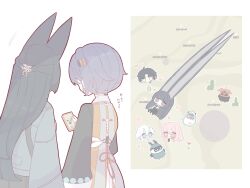  2girls absurdres accessories agent_gulliver_(zenless_zone_zero) animal_ears aqua_jacket asaba_harumasa bangboo_(zenless_zone_zero) beizi_(clothing) belle_(delicate_sunlight)_(zenless_zone_zero) belle_(zenless_zone_zero) black_hair black_necktie black_skirt blue_hair bracelet cactus cellphone chibi chinese_clothes comically_large_ears commentary dress earrings fox_ears fox_girl from_behind hair_ornament hairpin headband heart highres holding holding_phone horns hoshimi_miyabi jacket jewelry letter_hair_ornament long_hair looking_at_phone map multiple_girls necktie orange_dress phone pink_eyes pink_hair red_eyes red_moccus_(zenless_zone_zero) sharkboo_(zenless_zone_zero) short_hair skirt soukaku_(zenless_zone_zero) symbol-only_commentary tsukishiro_yanagi white_background white_hair wplace yellow_eyes yellow_headband zenless_zone_zero zzzii0 