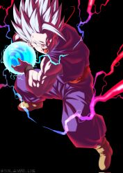  1boy black_background dougi dragon_ball dragon_ball_super dragon_ball_super_broly electricity energy_ball eye_trail full_body gohan_beast highres kamehameha_(dragon_ball) light_trail male_focus muscular muscular_male open_mouth pants powering_up purple_pants purple_shirt red_eyes red_sash sash shirt simple_background solo son_gohan son_gohan_love spiky_hair twitter_username white_hair 