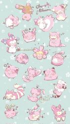 animal aqua_background audino buneary cherrim cherry_blossoms clefairy cleffa corrupted_twitter_file corsola creature creature_focus deerling deerling_(spring) english_text flaaffy floral_background furret heart highres hoppip jigglypuff mew mew_(pokemon) minccino munna musical_note no_humans notice_lines pachirisu petals pink_theme pokemon pokemon_(creature) shiny_pokemon skitty slowpoke snom sylveon temariame14 twitter_username
