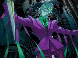  1boy alley black_hair city collared_shirt commentary_request condenser_unit cowboy_shot dagger empty_eyes facial_hair green_eyes green_necktie green_shirt grin head_tilt holding holding_dagger holding_knife holding_weapon industrial_pipe jacket jouzai_(song) knife kurotake_ihi long_sleeves looking_at_viewer male_focus medium_hair multicolored_eyes mustache necktie outdoors outstretched_arms pants pheasance_(jouzai) purple_jacket purple_pants purple_suit ringed_eyes shirt smile solo spread_arms standing suit trash_can tri_braids urban weapon widow's_peak yellow_eyes 