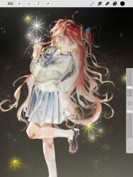  1girl ahoge alternate_costume art_program_in_frame bandaged_wrist bandages bandaid bandaid_on_knee bandaid_on_leg black_shoes blue_bow blue_bowtie blue_sailor_collar blue_skirt blush bow bowtie bread bread_slice chinese_commentary commentary_request crossed_bandaids food food_in_mouth foot_out_of_frame fried_egg fried_egg_on_toast genderswap genderswap_(mtf) highres leg_up loafers long_hair long_sleeves looking_at_viewer miniskirt multicolored_hair own_hands_clasped own_hands_together pleated_skirt procreate_(medium) procreate_(software) purple_hair red_hair sailor_collar school_uniform serafuku shirt shoes skirt socks solo streaked_hair sumino_takumi the_hundred_line_-last_defense_academy- toast two-tone_hair very_long_hair violet_eyes white_shirt white_socks yanrenxi20831 