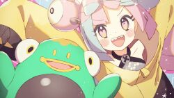  1girl :d arms_up bare_shoulders bellibolt blue_hair blush bow-shaped_hair character_hair_ornament commentary_request criss-cross_halter dot_nose grey_shirt hair_ornament halter_shirt halterneck iono_(pokemon) jacket long_sleeves looking_at_viewer multicolored_hair open_mouth oversized_clothes pink_eyes pink_hair pokemon pokemon_(creature) pokemon_sv sharp_teeth shirt short_hair shuu_(syuuuuuuuuuu) sleeveless sleeveless_shirt sleeves_past_fingers sleeves_past_wrists smile teeth two-tone_hair upper_body upper_teeth_only yellow_jacket 