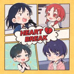  4girls :d aqua_eyes aqua_hair black_eyes black_hair black_sweater_vest blazer blue_jacket blush braid braided_twintails broken_heart chibi chibi_only collared_shirt commentary earphones earphones fujii_ayame futsuu_no_keion-bu group_name hair_ornament hairpin hatono_chihiro heart heartbreak_(futsuu_no_keion-bu) highres hood hood_down hooded_jacket jacket kouyama_rin microphone microphone_stand mole mole_under_eye multiple_girls music neck_ribbon open_mouth own_hands_clasped own_hands_together pink_jacket pixie_cut purple_hair red_eyes red_hair red_ribbon ribbon scene_reference shirt short_hair singing smile sparkle sweater_vest takamine_yotsuha twin_braids twintails uchida_momo upper_body violet_eyes white_shirt wolf_cut 