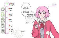  2girls absurdres blush commentary drawstring english_commentary english_text green_hair grey_serafuku grey_shirt grey_skirt highres hood hoodie kamishiro_rui kcmvnd kiss_meter_(meme) kusanagi_nene long_hair meme multiple_girls multiple_persona neckerchief ootori_emu pink_eyes pink_hair pink_hoodie pleated_skirt project_sekai puckered_lips red_neckerchief school_uniform serafuku shirt short_hair skirt twintails 