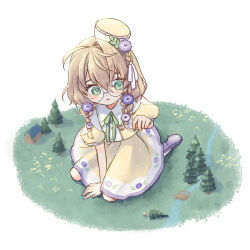  1girl :&lt; between_legs braid brown_hair collared_shirt faux_figurine floral_print floral_print_skirt flower from_above giant giantess glasses green_eyes green_ribbon grey-framed_eyewear hair_flower hair_ornament hair_over_shoulder half_crown_braid hand_between_legs hat highres house long_hair looking_down low_twin_braids mary_janes meadow mini_hat miniskirt moicco333 neck_ribbon nijisanji on_ground parted_lips polka_dot polka_dot_shirt polka_dot_skirt print_skirt puffy_short_sleeves puffy_sleeves purple_flower ribbon round_eyewear shirt shoes short_sleeves single_hair_intake sitting skirt socks solo tilted_headwear tree triangle_mouth twin_braids virtual_youtuber wariza white_background white_ribbon white_socks yaguruma_rine yellow_shirt yellow_skirt 