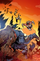  6+boys 6+girls absurdres afterimage amputee anissa_(invincible) blood bone cape conquest_(invincible) destruction disembodied_hand dynamic_pose flying gauntlets guro highres invincible_(series) leo_chiola limbs motion_lines multiple_boys multiple_girls muscular muscular_female muscular_male omni-man orange_sky red_sky single_gauntlet sky speed_lines thragg_(invincible) viltrumite violence wreckage 