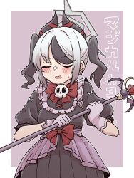  1girl alternate_costume alternate_hairstyle black_dress black_hair black_horns blue_archive blush bow closed_eyes commentary_request demon_horns dress dress_bow ear_piercing earclip embarrassed frills gloves grey_halo halo highres holding holding_staff horns kayoko_(blue_archive) magical_girl multicolored_hair open_mouth piercing pink_gloves red_bow skull_ornament solo staff twintails two-tone_hair wan_chai_tengoku white_hair 