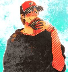  1boy baseball_cap black_eyes black_hat black_hoodie blue_background brown_hair burger character_request check_copyright closed_mouth commentary_request copyright_request cross cross_necklace diagonal-striped_shirt eating food food_wrapper hat holding holding_burger holding_food hood hood_down hoodie jewelry latin_cross long_sleeves looking_to_the_side male_focus necklace real_life red_hat sachiko_(omame) short_hair solo two-tone_hat upper_body watch watch 