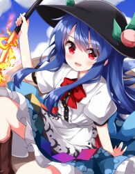  1girl black_hat blue_hair blush boots bow bowtie commentary_request dress food fruit hat highres hinanawi_tenshi holding holding_sword holding_weapon leaf long_hair looking_at_viewer open_mouth peach_hat_ornament red_eyes ruu_(tksymkw) shirt sitting sky smile solo sword sword_of_hisou touhou weapon white_shirt 