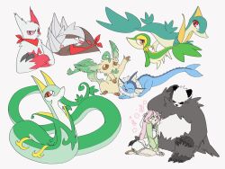  1girl :d alternate_color animal_hands bandana blue_fur brown_eyes brown_fur cetacean_tail claws closed_eyes evolutionary_line excadrill fins fish_tail full_body green_eyes green_fur green_shrug grey_fur head_fins highres kneeling leaf leafeon looking_at_another looking_at_viewer panda pangoro pink_hair pokemon pokemon_(creature) pokemon_focus pp_7762 red_bandana red_eyes red_fur serperior servine shiny_pokemon shirt shorts shrug_(clothing) simple_background sitting smile snake snivy tail vaporeon white_fur white_shirt white_shorts yellow_fur zangoose 
