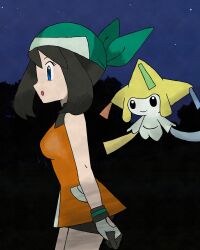  1girl absurdres amayzing2002 bandana bike_shorts blue_eyes breasts brown_hair gloves green_bandana highres jirachi may_(pokemon) night night_sky open_mouth orange_shirt pokemon pokemon_(creature) pokemon_emerald pokemon_rse shirt short_hair sky two-tone_gloves 