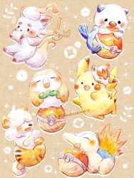 ^_^ black_eyes blush_stickers boots brown_boots bubble closed_eyes commentary_request creature creature_focus cyndaquil fern happy highres hisuian_growlithe hisuian_zorua mask mask_on_head no_humans open_mouth oshawott outline pikachu pokemon pokemon_(creature) rowlet smile solid_oval_eyes sparkle temariame14 twitter_username white_outline