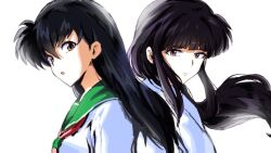  2girls black_hair blunt_bangs breasts brown_eyes closed_mouth green_sailor_collar hair_between_eyes higurashi_kagome inuyasha japanese_clothes kikyou_(inuyasha) long_hair looking_at_viewer low-tied_long_hair medium_breasts miko multiple_girls neckerchief parted_lips qrhara555 red_neckerchief sailor_collar school_uniform shirt sidelocks upper_body white_background white_shirt 