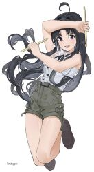  1girl absurdres ahoge artist_name awa_subaru black_hair black_socks brown_shoes chinese_commentary commentary_request drumsticks full_body girls_band_cry grey_hair hair_intakes highres holding holding_drumsticks jumping kiraing_poi light_blush loafers long_hair looking_at_viewer shirt shirt_tucked_in shoes shorts simple_background sleeveless sleeveless_shirt socks solo very_long_hair violet_eyes white_background white_shirt 