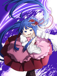  1girl amaryllisyun blue_eyes blue_hair commentary_request dress flower furudo_erika holding holding_scythe looking_at_viewer lower_teeth_only open_mouth pink_dress purple_background red_flower red_rose rose scythe smile solo standing teeth twintails umineko_no_naku_koro_ni 
