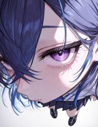  1girl blue_hair close-up closed_mouth from_above hair_between_eyes ichinose_uruha looking_at_viewer perspective pleated_skirt purple_hair skirt solo suta_(kantenggg) violet_eyes virtual_youtuber vspo! white_background 