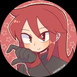  1boy black_gloves blush close-up closed_mouth gloves grey_eyes hair_between_eyes half-heart_hands highres long_hair long_sleeves looking_at_viewer male_focus pokemon pokemon_hgss red_hair sidelocks silver_(pokemon) smile sofo_soup solo upper_body 