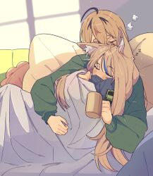 2girls absurdres addendium ahoge animal_ear_fluff animal_ears black_hair blanket blonde_hair blue_hair blue_sweater cat_ears closed_eyes covered_mouth cuddling cup dooby english_commentary green_sweater hair_between_eyes hand_up highres holding holding_cup indie_virtual_youtuber indoors light_blush long_hair long_sleeves mug multicolored_hair multiple_girls pillow puffy_long_sleeves puffy_sleeves sameko_saba short_eyebrows short_hair sleeping sleeping_together sleeping_upright streaked_hair sweater under_covers virtual_youtuber window_shadow yuri zzz 