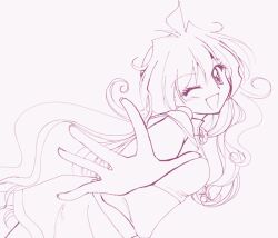  1girl breasts commentary_request cowboy_shot dress lina_inverse lineart long_hair looking_at_viewer medium_breasts monochrome one_eye_closed open_mouth purple_theme short_sleeves simple_background sketch slayers smile solo yuzu_(myrica) 