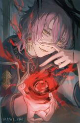  1boy blue_hair commentary earrings fingernails hair_between_eyes hand_up highres jewelry kamishiro_rui looking_at_viewer lower_teeth_only male_focus mikita monocle multicolored_hair never_give_up_cooking!_(project_sekai) official_alternate_costume official_alternate_hair_length official_alternate_hairstyle open_mouth project_sekai purple_hair solo streaked_hair teeth twitter_username two-tone_hair upper_body 