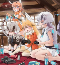 4girls animal_ear_fluff animal_ears animal_hood bag_of_chips barefoot belly black_gloves blonde_hair blue_eyes blue_hair blush boa_constrictor_(kemono_friends) bottle bow bowtie braid brown_eyes brown_hair caracal_(kemono_friends) closed_eyes collared_shirt controller cropped_shirt day empty_eyes extra_ears ezo_red_fox_(kemono_friends) fang food food_in_mouth from_side fur-trimmed_sleeves fur_trim game_console game_controller gloves grey_hair hair_between_eyes half-closed_eye highres holding holding_bottle holding_controller holding_game_controller hood hood_down hooded_vest hoodie indoors jacket kemono_friends kemono_friends_3 long_hair long_tail looking_at_another medium_hair midriff miniskirt monkey_ears monkey_girl mouth_hold multicolored_hair multiple_girls navel necktie open_clothes open_mouth open_vest orange_hair orange_jacket pantyhose parted_lips playing_games pocky pocky_in_mouth scarf sega_mega_drive sega_mega_drive_controller shirt short_sleeves sidelocks single_braid sitting skirt sleepy slit_pupils snake_hood snake_tail standing stomach sweat tail titanoboa_(kemono_friends) toriny two-tone_hair utility_vest very_long_hair vest white_shirt wing_collar