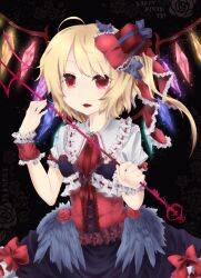  1girl ascot black_background black_skirt blonde_hair corset flandre_scarlet frilled_cuffs frilled_sleeves frills gem gensou_aporo gift_hair_ornament hair_ribbon holding holding_polearm holding_weapon laevatein_(touhou) long_hair one_side_up open_mouth polearm red_ascot red_corset red_eyes red_gemstone red_ribbon ribbon shirt short_sleeves skirt smile solo touhou weapon white_shirt wrist_cuffs 